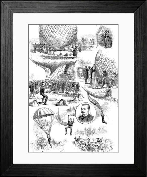 Framed Print : Professor Baldwin Ballooning and Parachuting, 1888 Framed Print : Professor Baldwin Ballooning and Parachuting, 1888