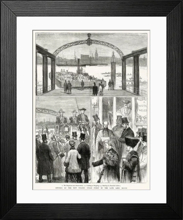 Framed Print : Three scenes during the official opening of the Rotherhithe to Wapping Steam Ferry, London. The images (clockwise from top) show: the ferry departing from Rotherhithe; Reading of the Parochial Address; passengers, including the Lord Mayor of London Framed Print : Three scenes during the official opening of the Rotherhithe to Wapping Steam Ferry, London. The images (clockwise from top) show: the ferry departing from Rotherhithe; Reading of the Parochial Address; passengers, including the Lord Mayor of London