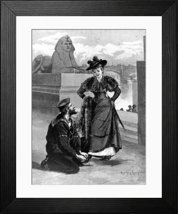 Framed Print : Sailor tying a ladies shoe, Thames Embankment, 1893 Framed Print : Sailor tying a ladies shoe, Thames Embankment, 1893