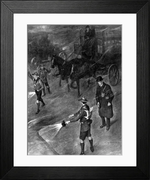 Framed Print : Boy Scouts directing Traffic in a London Fog, 1909 Framed Print : Boy Scouts directing Traffic in a London Fog, 1909