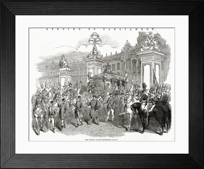 Framed Print : Procession of guards, footmen and carriage carrying Queen Victoria to the State Opening of Parliament, leaving Buckingham Palace. Date: 1851 Framed Print : Procession of guards, footmen and carriage carrying Queen Victoria to the State Opening of Parliament, leaving Buckingham Palace. Date: 1851