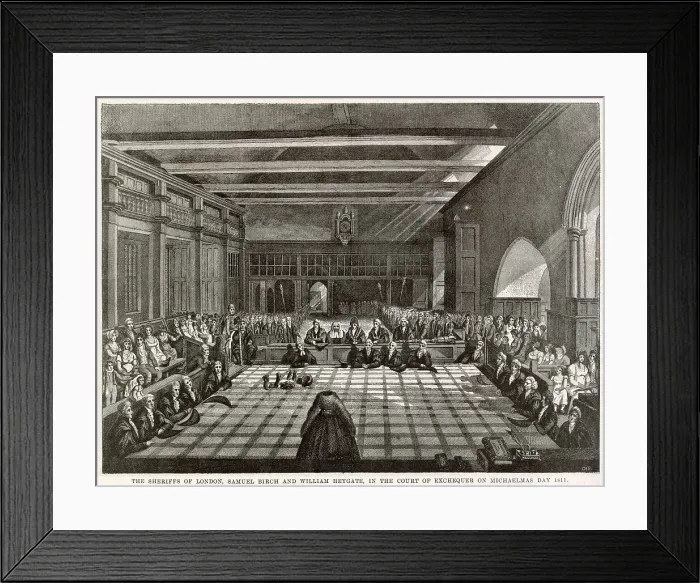 Framed Print : Sheriffs of London, Samuel Birch and William Heygate, in the Court of the Exchequer on Michaelmas Day. Date: 1811 Framed Print : Sheriffs of London, Samuel Birch and William Heygate, in the Court of the Exchequer on Michaelmas Day. Date: 1811