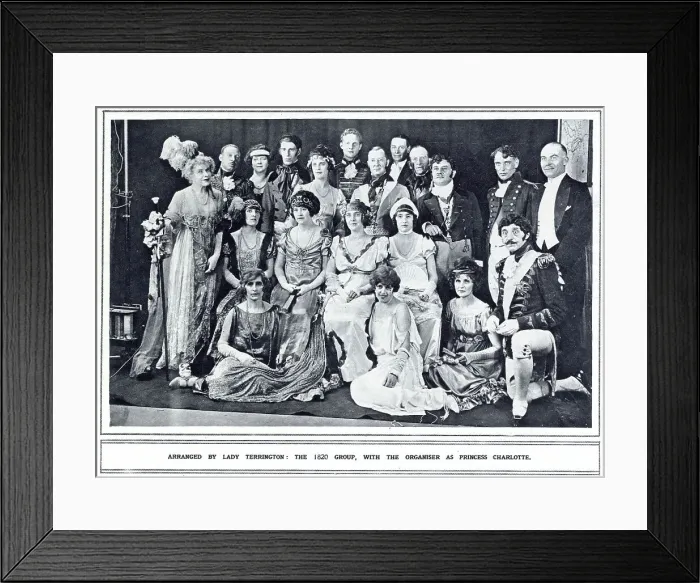 Framed Print : Group of revellers at the Princess Mary Hospital Ball. This group were all dressed as figures from 1820 with the ball organiser, Lady Terrington (centre), dressed as Princess Charlotte. Date: 1922