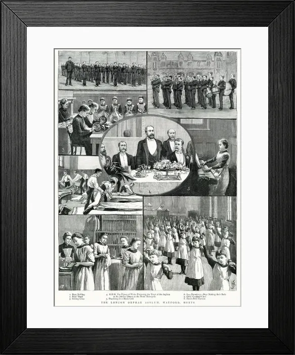 Framed Print : These are scenes from the London Orphan Asylum in Watford. 1) boys doing drill 2) the boys band 3) sewing class 4) the Prince of Wales proposing the toast of the asylum at the Jubilee Dinner at the Hotel Metropole 5 Framed Print : These are scenes from the London Orphan Asylum in Watford. 1) boys doing drill 2) the boys band 3) sewing class 4) the Prince of Wales proposing the toast of the asylum at the Jubilee Dinner at the Hotel Metropole 5