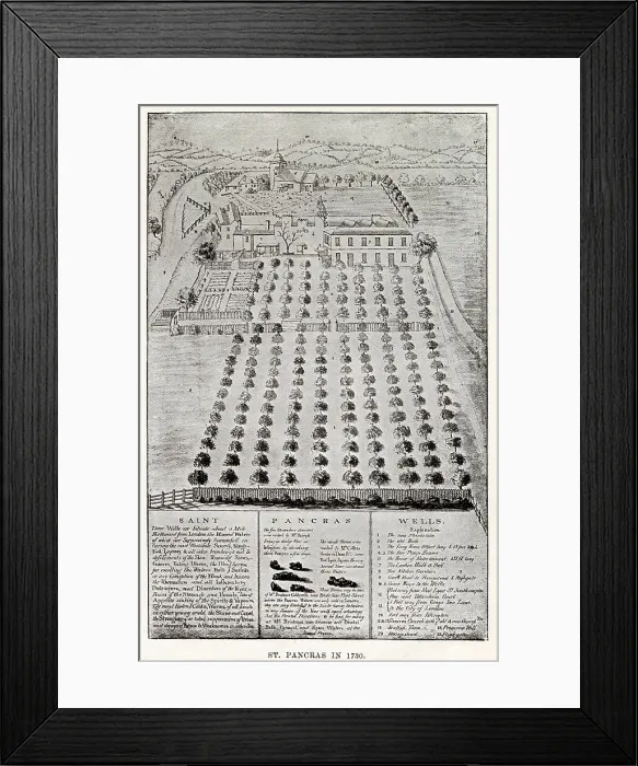 Framed Print : Gardens and buildings at St. Pancras, then just outside London. Date: 1730