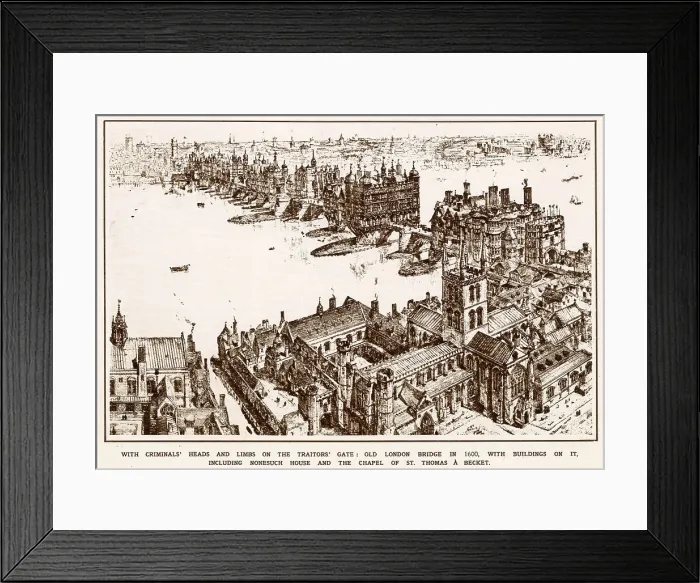 Framed Print : An aerial view of Southwark and the Old London Bridge in 1600. Date: 1600 Framed Print : An aerial view of Southwark and the Old London Bridge in 1600. Date: 1600