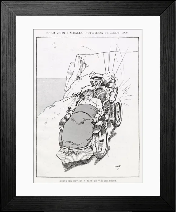 Framed Print : Mother and Son taking a hair raising ride on the cliff side. Date: 1904 Framed Print : Mother and Son taking a hair raising ride on the cliff side. Date: 1904