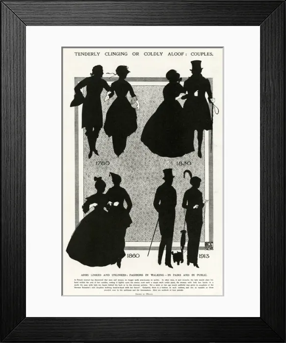 Framed Print : Silhouettes of couples walking arm in arm throungh the ages