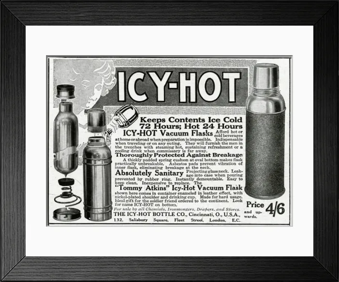 Framed Print : Advert for Icy-Hot vacuum flasks 1916 Framed Print : Advert for Icy-Hot vacuum flasks 1916