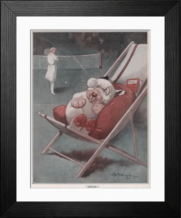 Framed Print : DEUCE. Humorous Illustration showing Bonzo being disturbed by a flying tennis ball Framed Print : DEUCE. Humorous Illustration showing Bonzo being disturbed by a flying tennis ball