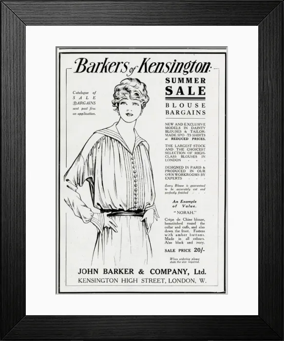 Framed Print : Advert for Barkers of Kensington blouses 1914 Framed Print : Advert for Barkers of Kensington blouses 1914