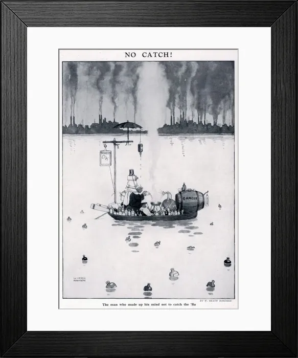 Framed Print : No Catch. The man who made up his mind not to catch the flu by William Heath Robinson Framed Print : No Catch. The man who made up his mind not to catch the flu by William Heath Robinson