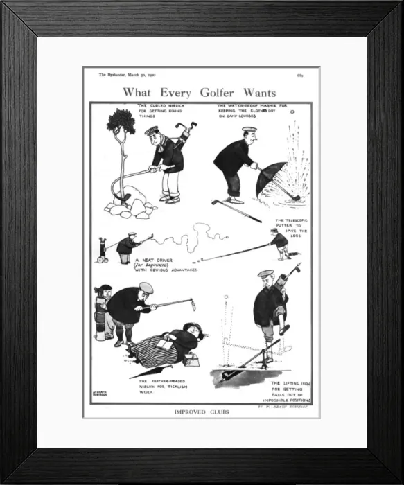 Framed Print : What every golfer wants by William Heath Robinson Framed Print : What every golfer wants by William Heath Robinson
