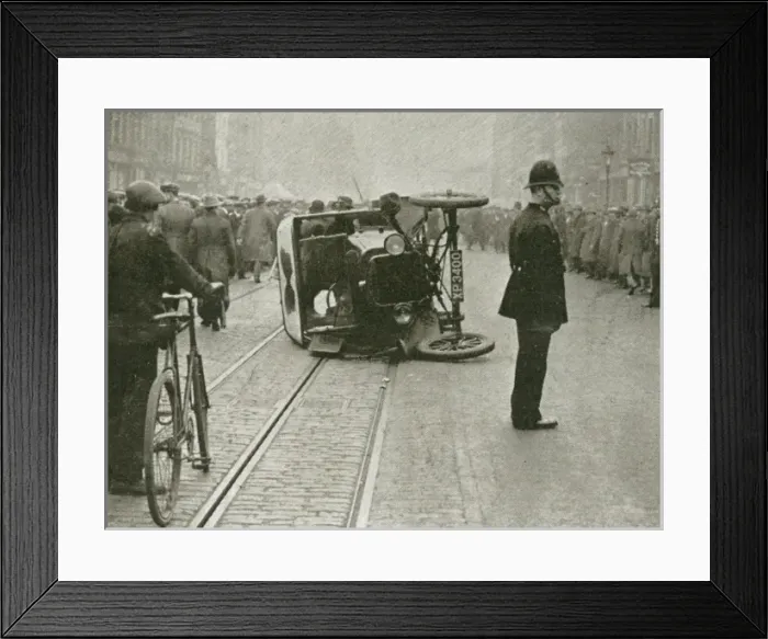 Framed Print : The General Strike - an overturned motor-van Framed Print : The General Strike - an overturned motor-van