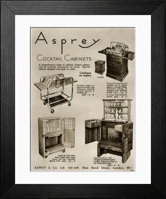 Framed Print : Advert for Asprey cocktail cabinets 1936 Framed Print : Advert for Asprey cocktail cabinets 1936