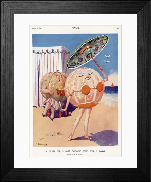 Framed Print : Cartoon by George Studdy, part of his Fruity Fables series, showing a lady orange peeling off her skin down to a bikini. Credit should read: Estate of George Studdy / Gresham Marketing Ltd. / ILN / Mary Evans Date: 1938 Framed Print : Cartoon by George Studdy, part of his Fruity Fables series, showing a lady orange peeling off her skin down to a bikini. Credit should read: Estate of George Studdy / Gresham Marketing Ltd. / ILN / Mary Evans Date: 1938