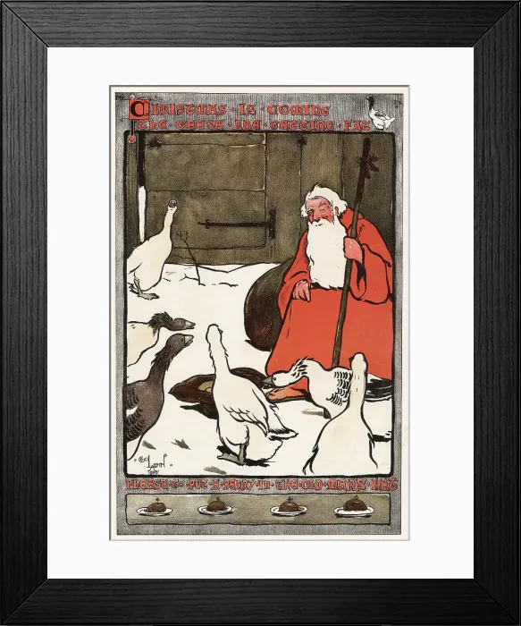 Framed Print : Christmas is coming, the geese are getting fat. Please put a penny in the old man's hat. An illustration of Father Christmas keeping his eye on the curious geese. Date: 1900 Framed Print : Christmas is coming, the geese are getting fat. Please put a penny in the old man's hat. An illustration of Father Christmas keeping his eye on the curious geese. Date: 1900