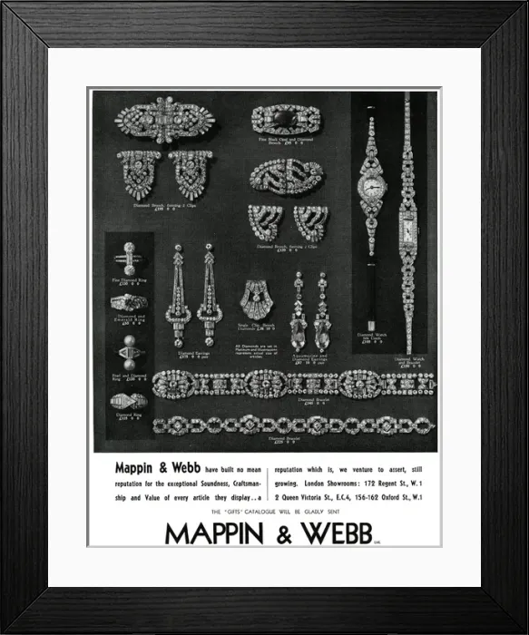 Framed Print : Advert for Mappin & Webb fine jewellery 1936 Framed Print : Advert for Mappin & Webb fine jewellery 1936