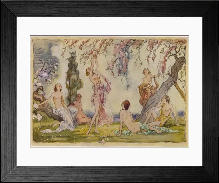 Framed Print : Blossoms. A colour illustration of a group of scantily clad ladies picking blossom flowers