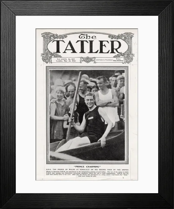 Framed Print : A photograph of the Prince of Wales at Honolulu, Hawaii, on his second tour of the empire. The Prince is sat in a Hawaiian canoe whilst being taught surf-riding by Duke Kahanamoku. Date: 26th May 1920 Framed Print : A photograph of the Prince of Wales at Honolulu, Hawaii, on his second tour of the empire. The Prince is sat in a Hawaiian canoe whilst being taught surf-riding by Duke Kahanamoku. Date: 26th May 1920