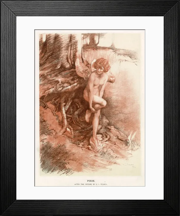 Framed Print : A colour illustration showing a pixie perched against a tree. Date: 1924
