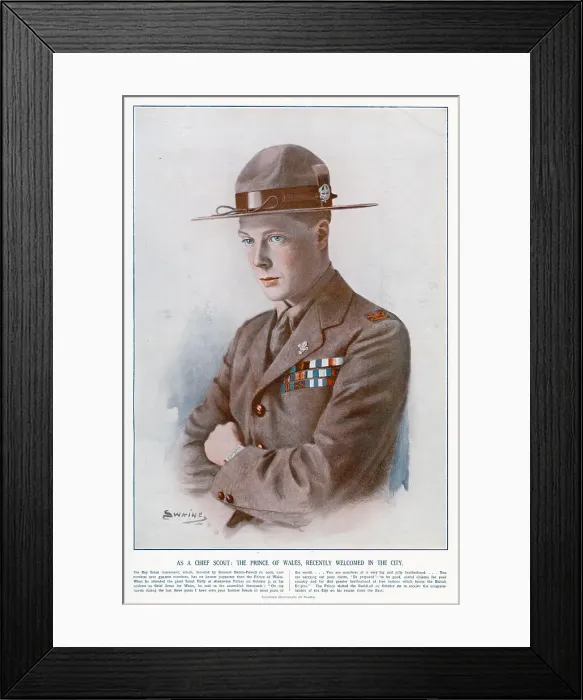 Framed Print : Edward, Prince of Wales (1894 - 1972), later King Edward VIII, Duke of Windsor, pictured as a boy scout. The prince was a supporter of the scout movement which had been founded by General Robert Baden-Powell in 1908 Framed Print : Edward, Prince of Wales (1894 - 1972), later King Edward VIII, Duke of Windsor, pictured as a boy scout. The prince was a supporter of the scout movement which had been founded by General Robert Baden-Powell in 1908