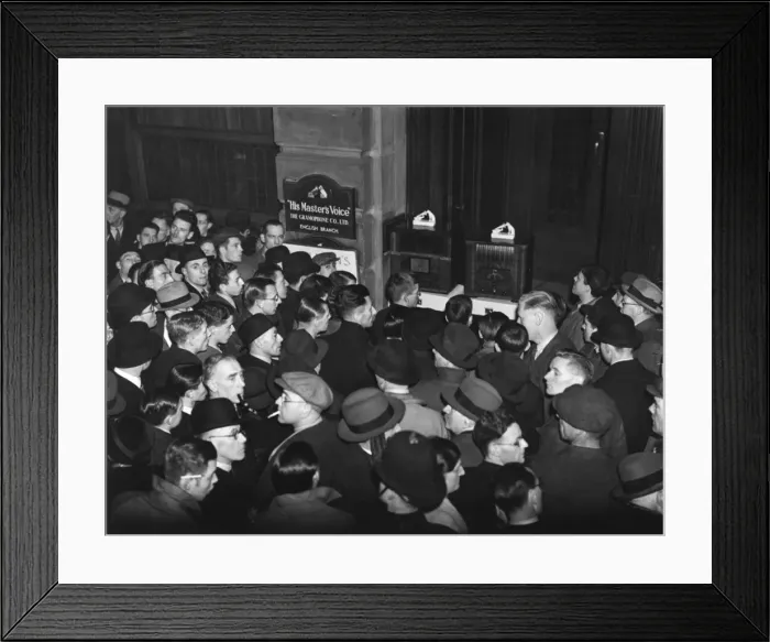 Framed Print : Crowds listening to a broadcast of the abdication speech Framed Print : Crowds listening to a broadcast of the abdication speech