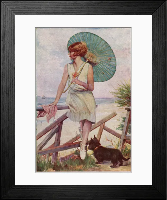 Framed Print : 1920s woman relaxing by the sea Framed Print : 1920s woman relaxing by the sea