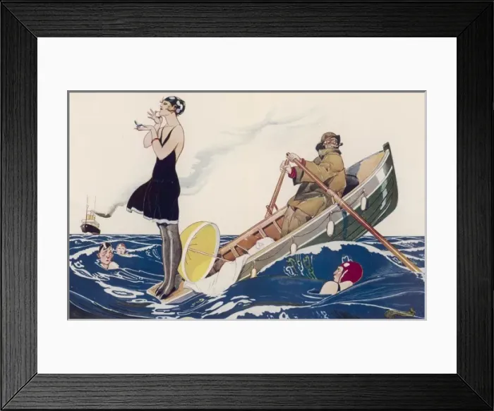 Framed Print : Deauville. Woman applying make-up whilst standing in a boat which is being Framed Print : Deauville. Woman applying make-up whilst standing in a boat which is being