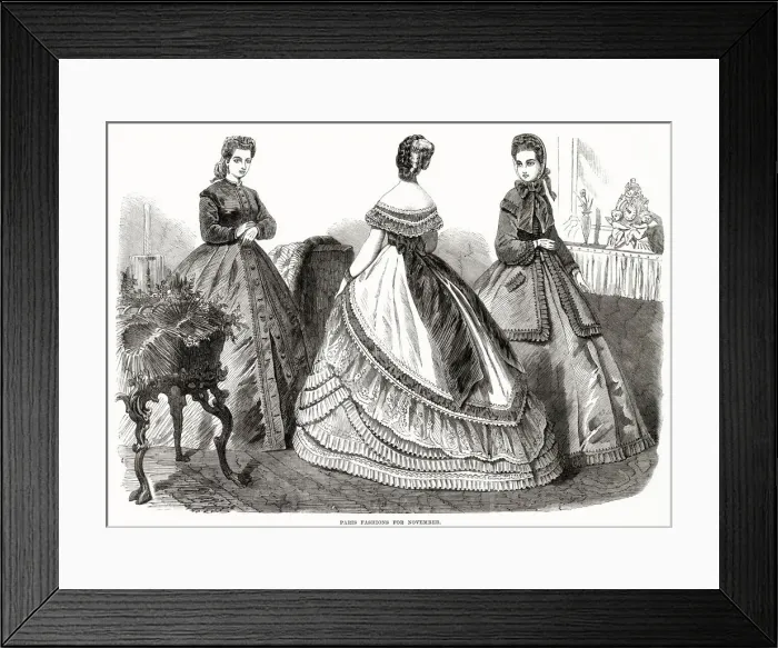 Framed Print : Three women wearing the new style of dresses. Date: October 1864 Framed Print : Three women wearing the new style of dresses. Date: October 1864