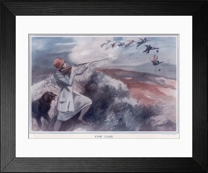 Framed Print : Fair Game. Woman shooting men who are flying through the air like game Framed Print : Fair Game. Woman shooting men who are flying through the air like game