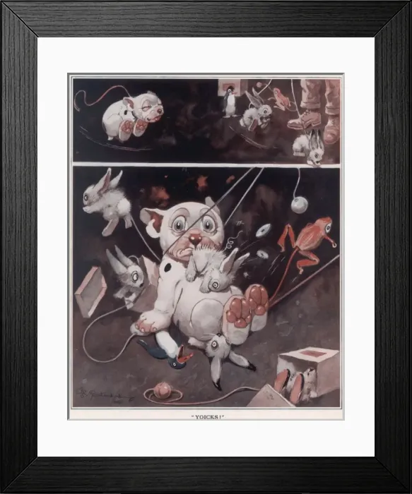 Framed Print : YOICKS. Bonzo the dog crashing into toy animals after running too fast Framed Print : YOICKS. Bonzo the dog crashing into toy animals after running too fast