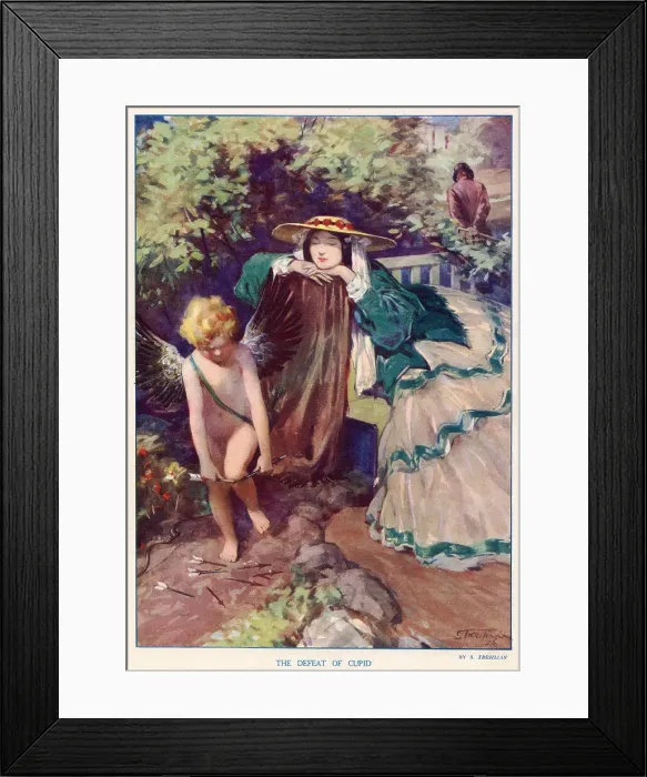 Framed Print : This picture shows a scene of a frustrated cupid after a woman has seemingly rejected the advances of a man, who is walking away in the background. Date: 1926 Framed Print : This picture shows a scene of a frustrated cupid after a woman has seemingly rejected the advances of a man, who is walking away in the background. Date: 1926