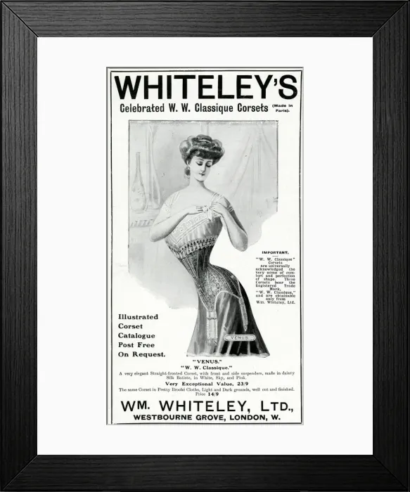 Framed Print : Advert for Whiteleys womens corset 1907