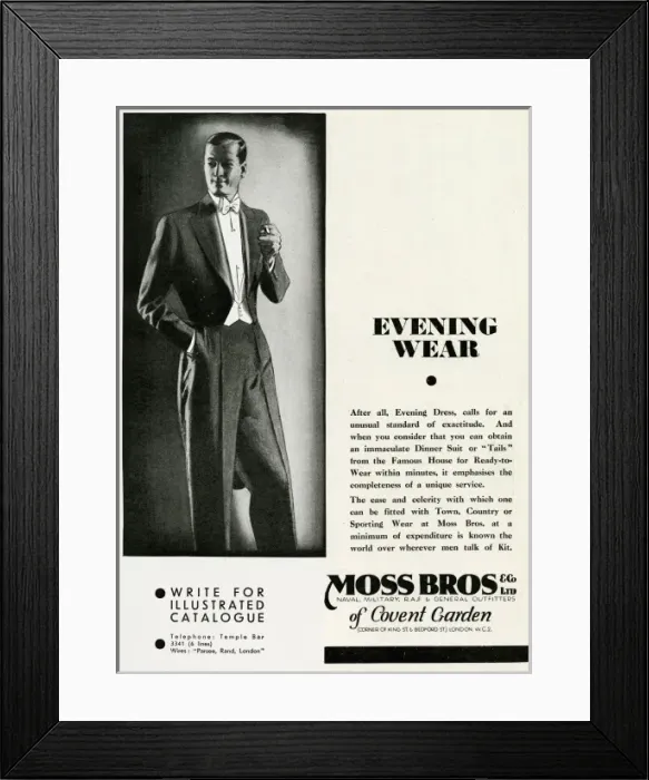 Framed Print : Advert for Moss Bros mens evening wear Framed Print : Advert for Moss Bros mens evening wear