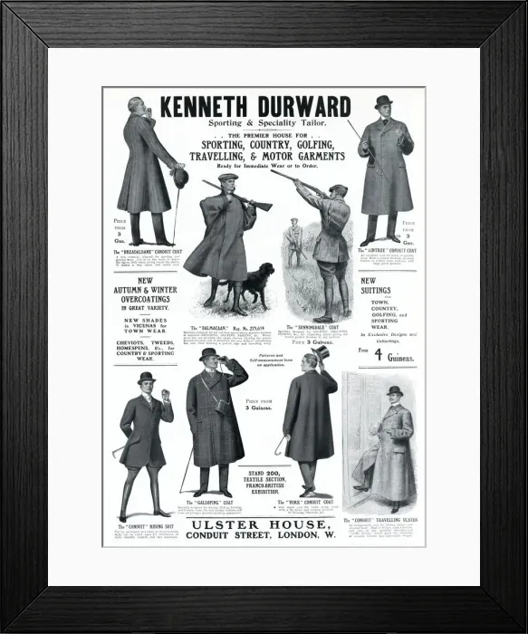 Framed Print : Advert for Kenneth Durward mens sporting coats 1908 Framed Print : Advert for Kenneth Durward mens sporting coats 1908