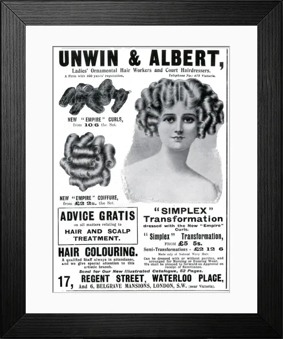 Framed Print : Advert for Unwin & Albert womens coiffure 1908 Advert for Unwin & Albert womens Framed Print : Advert for Unwin & Albert womens coiffure 1908 Advert for Unwin & Albert womens