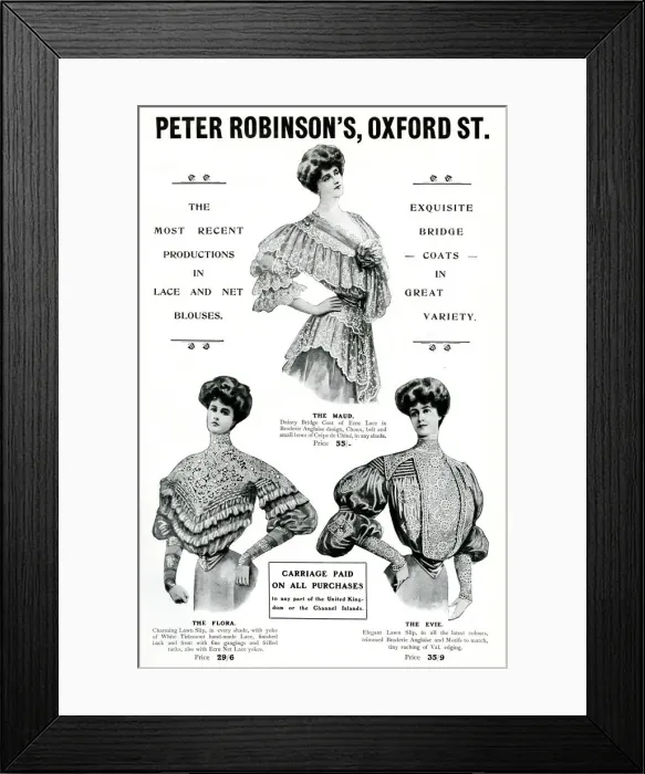 Framed Print : Advert for Peter Robinsons womens blouses 1905 Framed Print : Advert for Peter Robinsons womens blouses 1905