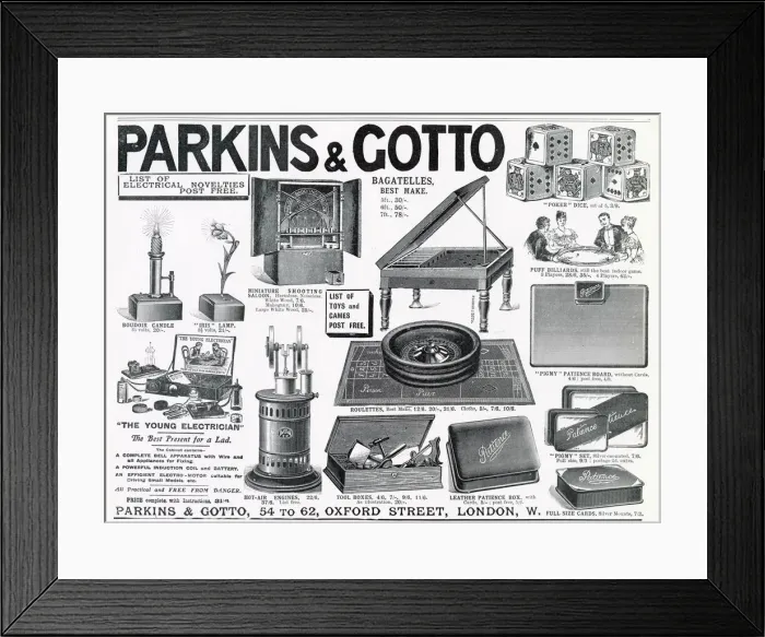 Framed Print : Advert for Parkins and Gotto, gambling items 1903 Framed Print : Advert for Parkins and Gotto, gambling items 1903