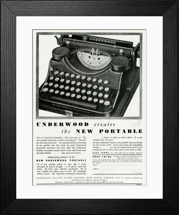Framed Print : Advert for Underwood portable typewriters 1931 Framed Print : Advert for Underwood portable typewriters 1931