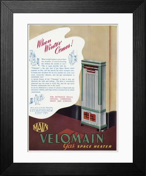 Framed Print : Advert Main Velomain gas space heater 1939 Framed Print : Advert Main Velomain gas space heater 1939