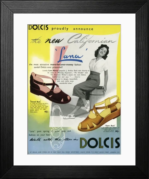 Framed Print : Advert for Dolcis peep toe sandals 1950