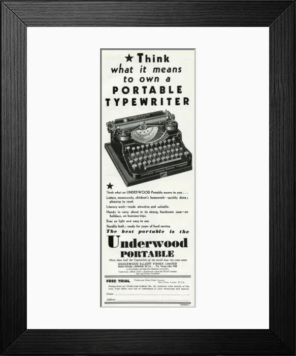 Framed Print : Advert for Underwood portable typewriters 1931