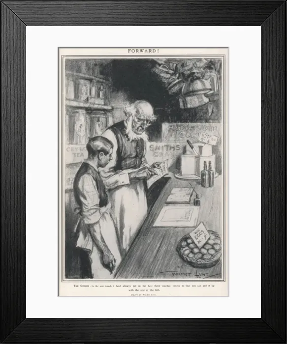 Framed Print : Forward. A grocer advises the new hand to add the date to the bill in these