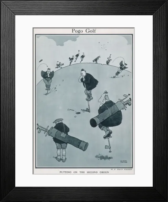 Framed Print : Pogo Golf. Cartoon, Pogo Golf. Men playing golf using clubs as pogo sticks