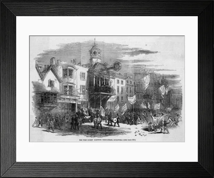 Framed Print : GUILDFORD. The High Street of Guildford, Surrey, during the West Surrey elections Framed Print : GUILDFORD. The High Street of Guildford, Surrey, during the West Surrey elections