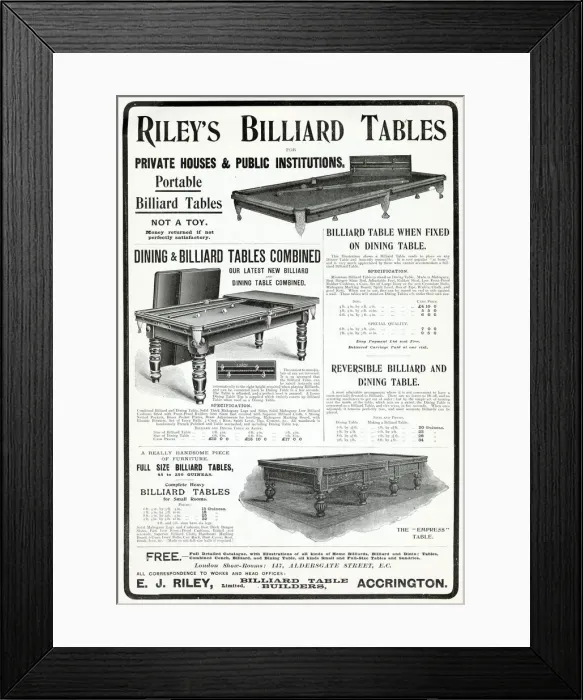 Framed Print : Rileys Billiard Tables, available for private houses Framed Print : Rileys Billiard Tables, available for private houses