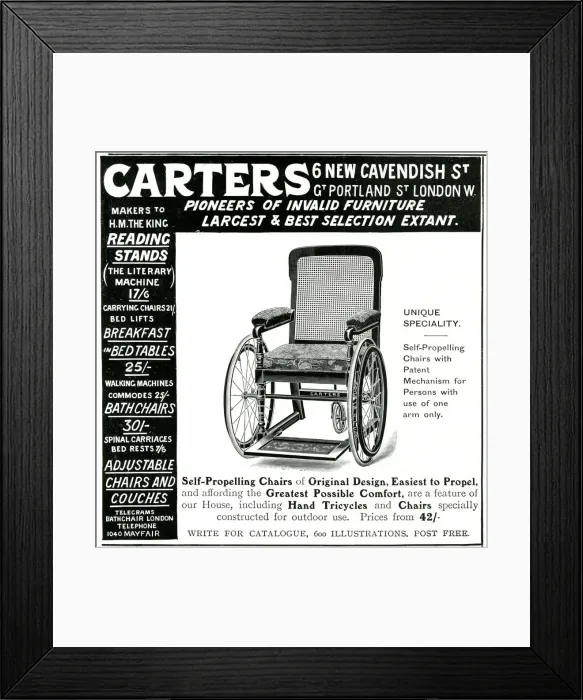 Framed Print : Advert for Carters, self propelling wheelchair 1906 Framed Print : Advert for Carters, self propelling wheelchair 1906