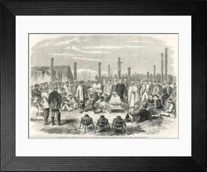 Framed Print : Meeting of settlers and Maoris, New Zealand 1863 Framed Print : Meeting of settlers and Maoris, New Zealand 1863