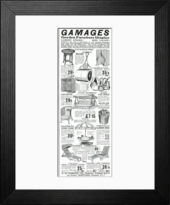 Framed Print : Advert for Gamages garden furniture 1926 Framed Print : Advert for Gamages garden furniture 1926